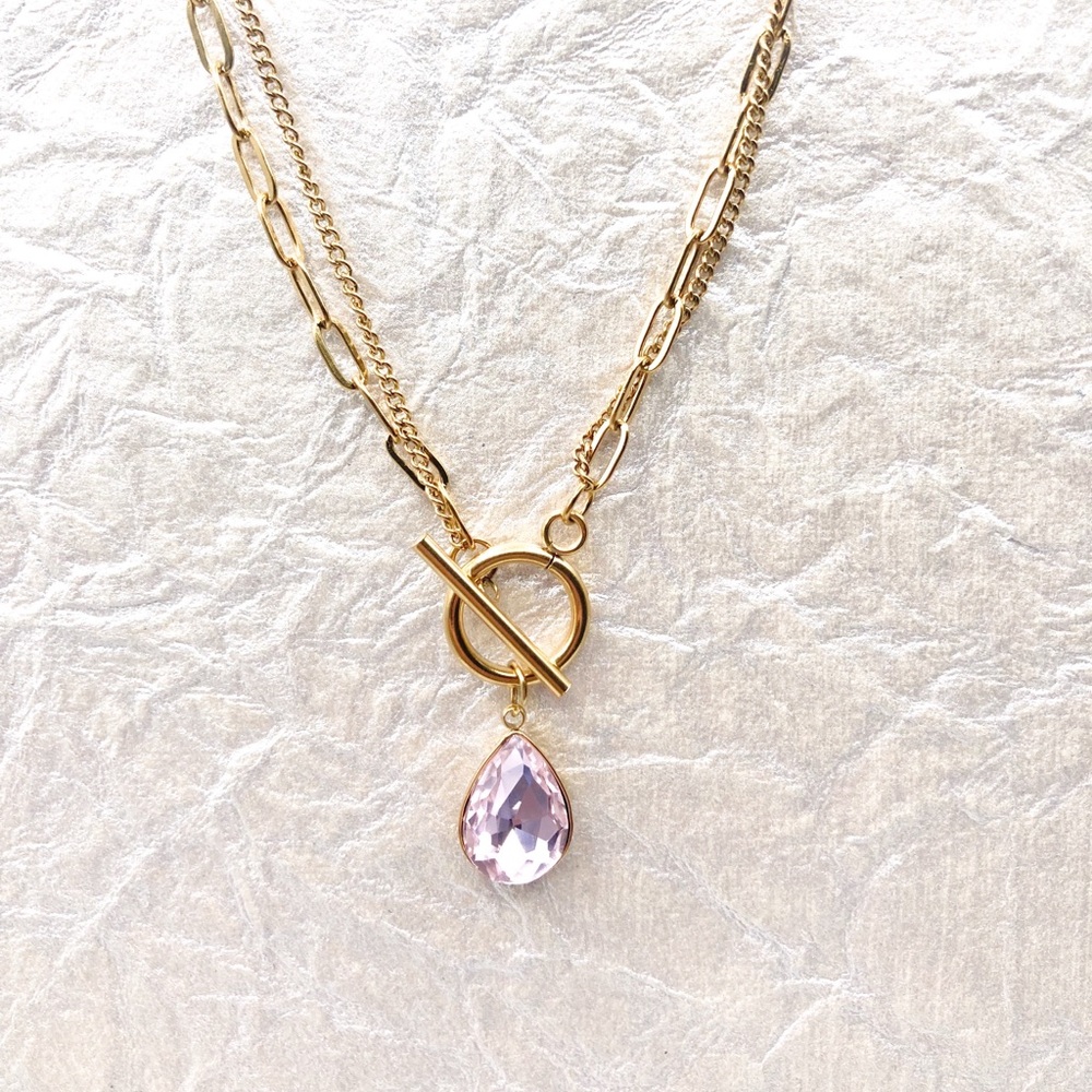 Gold plated over stainless steel Pink Layered Necklace with Teardrop Pendant
